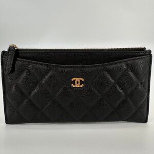 Chanel Iridescent Caviar Quilted Classic Zip Wallet Pouch Black
